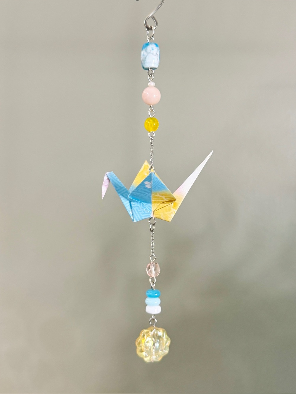 Origami Ornament #2550 - Small Crane with Glass and Stone Beads